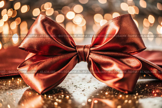 Elegant bow made of satin red ribbon on a shiny black background. Стоковое AI-изображение, AI-художник Photojuli / Фотобанк Лори