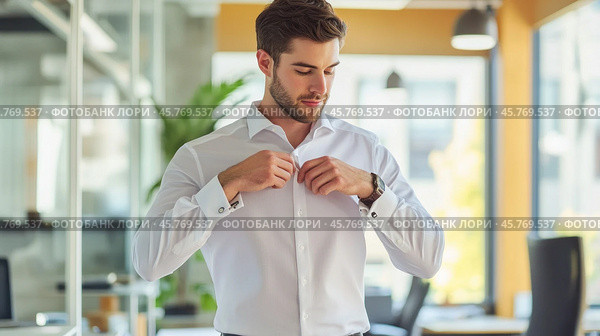 Elegant businessman buttoning shirt in modern office, getting ready for work. Стоковое AI-изображение, AI-художник Юрий Поздников / Фотобанк Лори