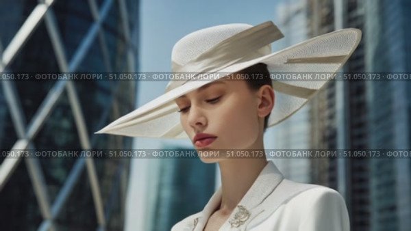 Elegant businesswoman posing with stylish hat in urban setting. Стоковое AI-видео, аниматор Юрий Поздников / Фотобанк Лори