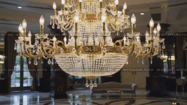 Elegant crystal chandelier hanging from ceiling in luxurious foyer. Стоковое AI-видео, аниматор Андрей Бажанов / Фотобанк Лори