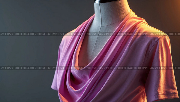 Elegant draped pink top displayed on a mannequin under soft studio lighting in a fashion showcase environment. Стоковое AI-изображение, AI-художник Сергей Толмачёв / Фотобанк Лори