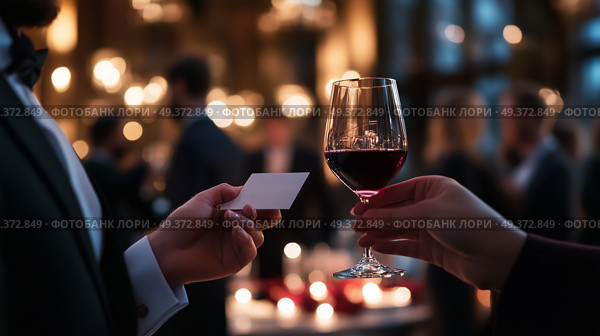 Elegant evening gathering with wine and networking at a sophisticated event in a beautifully lit venue. Стоковое AI-изображение, AI-художник Сергей Толмачёв / Фотобанк Лори