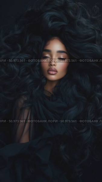 Elegant female figure with cascading raven locks and tranquil expression within a profound dark space. Стоковое AI-видео, аниматор Данила Большаков / Фотобанк Лори