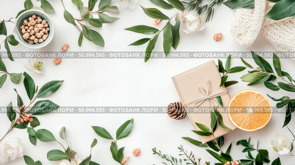 Elegant Flatlay: Gift, Flowers, and Citrus Fruit on White. Стоковое AI-изображение, AI-художник Данила Большаков / Фотобанк Лори