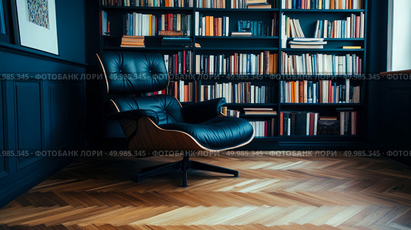 Elegant Interior: Leather chair in room with bookcase, luxury concept for home office or study interior with floor and library, reading space. Стоковое AI-изображение, AI-художник Данила Большаков / Фотобанк Лори