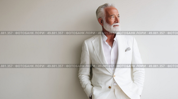 Elegant older man in white suit poses against neutral wall, showcasing sophistication and timeless style during daytime. Стоковое AI-изображение, AI-художник Сергей Толмачёв / Фотобанк Лори