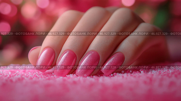 Elegant pink manicure displayed on a sparkling pink background. Стоковое AI-изображение, AI-художник Katsiaryna Repich / Фотобанк Лори