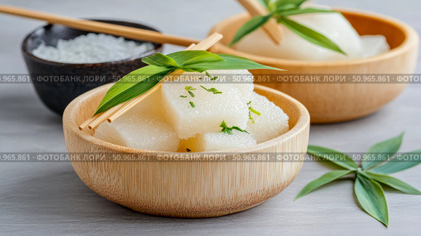 Elegant presentation of refreshing white translucent food cubes garnished with green herbs in a natural wooden bowl, embodying healthy Asian cuisine. Стоковое AI-изображение, AI-художник Данила Большаков / Фотобанк Лори