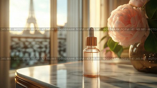 Elegant skincare product mockup in Paris with blooming roses at sunset. Элегантный макет средства для ухода за кожей в Париже с цветущими розами на закате. Стоковое AI-изображение, AI-художник Katsiaryna Repich / Фотобанк Лори