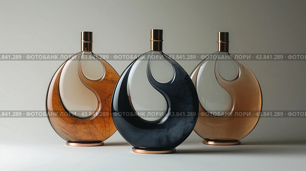 Elegant Triad of Glass Bottles With Unique Curved Designs on Display. Стоковое AI-изображение, AI-художник Сергей Толмачёв / Фотобанк Лори