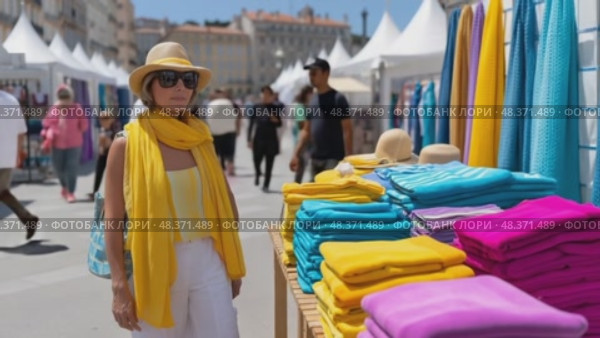 Elegant woman browsing colorful textiles at outdoor market. Стоковое AI-видео, аниматор Юрий Поздников / Фотобанк Лори