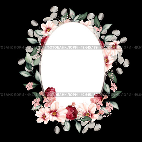 Elegant wreath with peonies, roses and eucalyptus leaves. Illustration. Elegant wreath with peonies, roses and eucalyptus leaves. . Стоковое фото, агентство Ingram Publishing / Фотобанк Лори