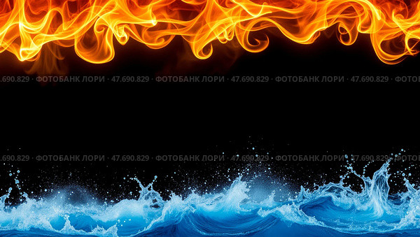 Elemental balance fire and water contrast. Стоковое AI-изображение, AI-художник Андрей Бакусов / Фотобанк Лори