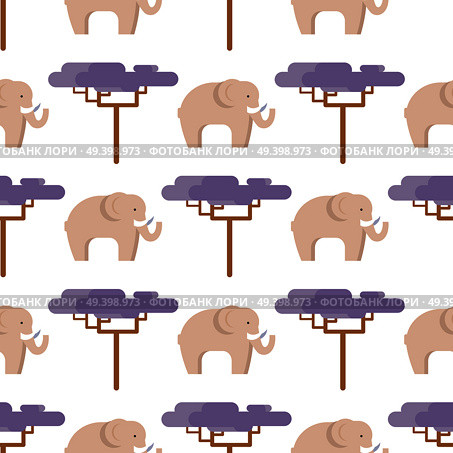 Elephant in beige color and baobab tree seamless pattern isolated on white. Side view of big animal living in hot countries vector illustration in flat design. Elephant in Beige and Baobab Tree Seamless Pattern. Стоковая иллюстрация, агентство Ingram Publishing / Фотобанк Лори