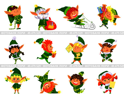 Elf winter season helper of Santa Claus set vector. Girl and boy wearing costumes and hats, opening presents gifts and riding sledges eating lollipop. Elf Winter Season Helper of Santa Claus Vector. Стоковая иллюстрация, агентство Ingram Publishing / Фотобанк Лори