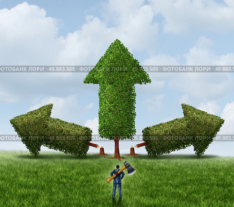 Eliminating the competition business concept for managing growth as a businessman with an ax cutting down and wiping out competing trees shaped as arrows to strengthen his chosen winning investment. Стоковое фото, агентство Ingram Publishing / Фотобанк Лори