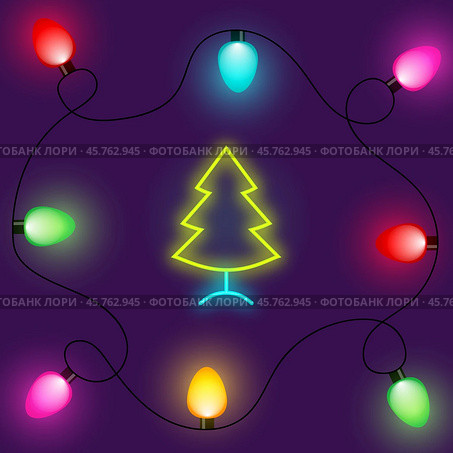 Ёлка и гирлянда в неоновом стиле. The fir tree and garland in neon style. Стоковая иллюстрация, иллюстратор Ирина Щербакова / Фотобанк Лори