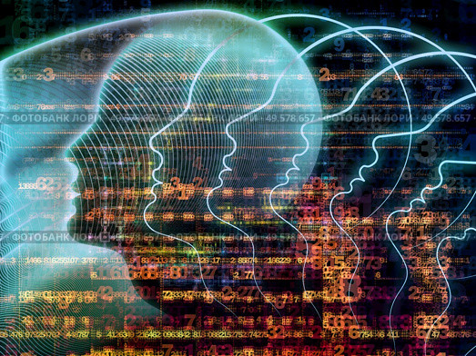 Emergence of the Mind series. Background of human head silhouettes and number grids on the subject of general artificial intelligence and modern technology. Стоковое фото, агентство Ingram Publishing / Фотобанк Лори