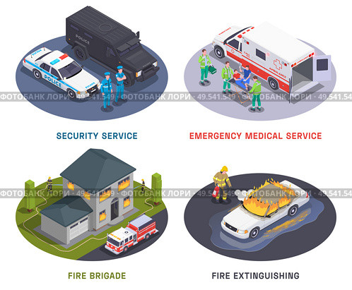 Emergency service 4 isometric compositions with fire brigade medical team and security guards at work vector illustration. Стоковая иллюстрация, агентство Ingram Publishing / Фотобанк Лори