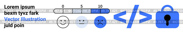 Emotion rating scale from happy to sad, numerical scale, coding icon, and padlock icon. Ideal for user feedback, analytics, security, programming, web development, UI UX design, data protection. Emotion Rating Scale with Code and Security Icon for User Feedback Analytics. Стоковая иллюстрация, агентство Ingram Publishing / Фотобанк Лори