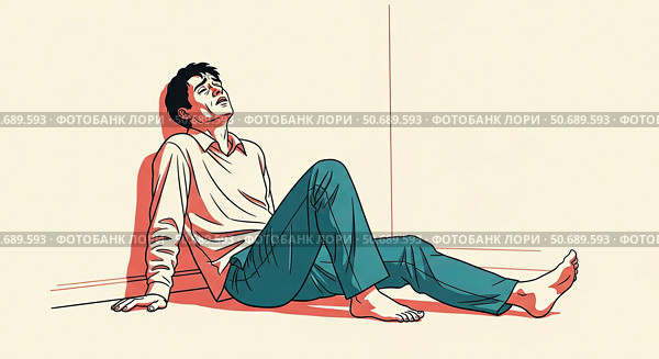 Эмоциональное отчаяние: одинокий человек в угнетенном состоянии с напряженным лицом сидит на полу прислонившись к стене. Отчаяние, тревога и стресс на грани срыва. Редакционное AI-изображение, AI-художник Ирина Першина / Фотобанк Лори