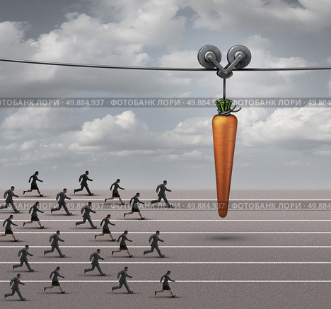 Employee incentive business concept as a group of businessmen and businesswomen running on a track towards a dangling carrot on a moving cable as a financial reward metaphor to motivate for a goal. Стоковое фото, агентство Ingram Publishing / Фотобанк Лори
