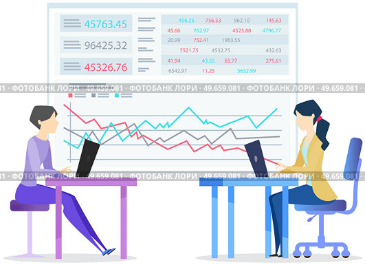 Employees analysing statistical indicators, working together. Businesswomen sitting with laptops, surfing internet, brainstorming, coworking. Managers use computers, modern technologies at workplace. Employees analysing statistical indicators, working together. Women with laptops brainstorming. Стоковая иллюстрация, агентство Ingram Publishing / Фотобанк Лори