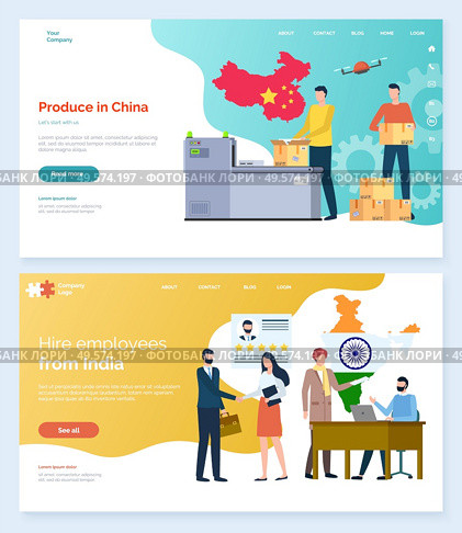 Employees hiring in India vector, indian staff and production in china. Chinese flag, people interaction, multi national company workers. Website or webpage template, landing page flat style. Produce in China and Hire People From India Set. Стоковая иллюстрация, агентство Ingram Publishing / Фотобанк Лори