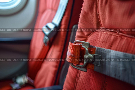 Empty airplane seat with focus on fastened buckle of seatbelt. Стоковое AI-изображение, AI-художник Иван Рябоконь / Фотобанк Лори