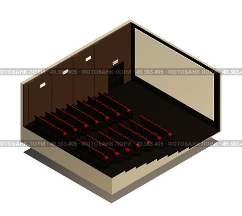 Empty cinema auditorium isometric composition with rows of spectator seats  and wide screen 3d vector illustration . Isometric Cinema Composition. Стоковая иллюстрация, агентство Ingram Publishing / Фотобанк Лори