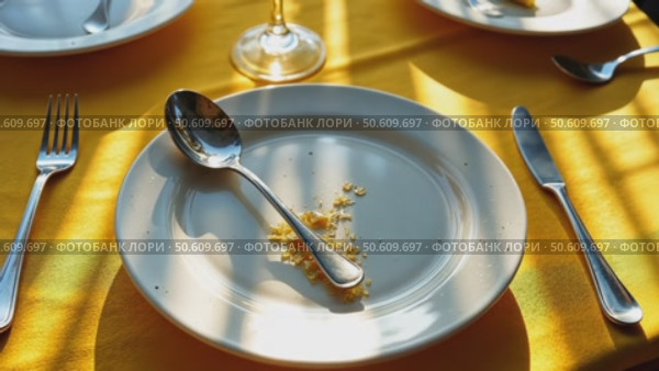 Empty dirty plates with spoon and forks on the table with a bright tablecloth, sunny summer day. Стоковое AI-видео, аниматор Sergey Grishin / Фотобанк Лори