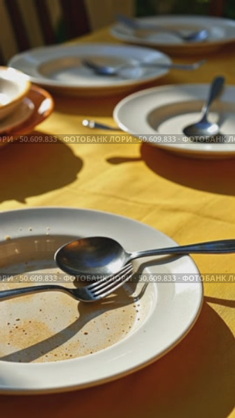 Empty dirty plates with spoon and forks on the table with a bright tablecloth, sunny summer day. Стоковое AI-видео, аниматор Sergey Grishin / Фотобанк Лори