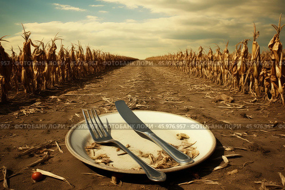 Empty plate lying on dry soil in cornfield symbolizing hunger and famine. Стоковое AI-изображение, AI-художник Иван Рябоконь / Фотобанк Лори