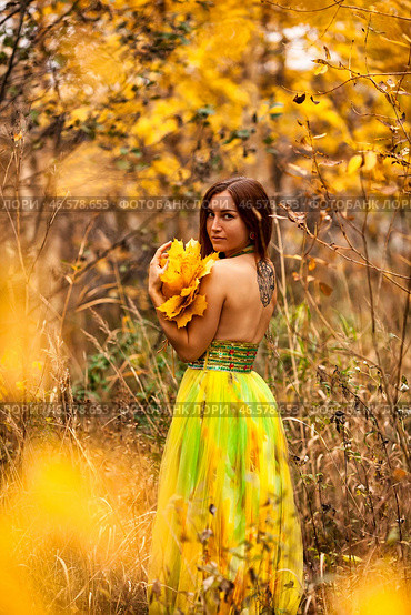 Enchanting Autumn Beauty in Vibrant Forest Attire Surrounded by Golden Foliage. Стоковое фото, фотограф Aleksandr Golubev / Фотобанк Лори