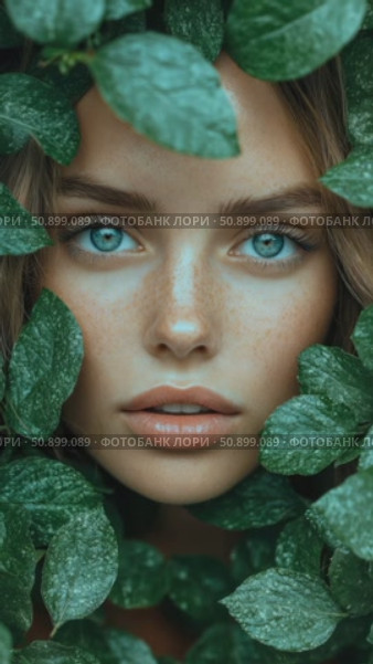Enchanting feminine countenance emerging from vibrant emerald leaves, highlighting striking blue eyes and delicate freckles. Стоковое AI-видео, аниматор Данила Большаков / Фотобанк Лори