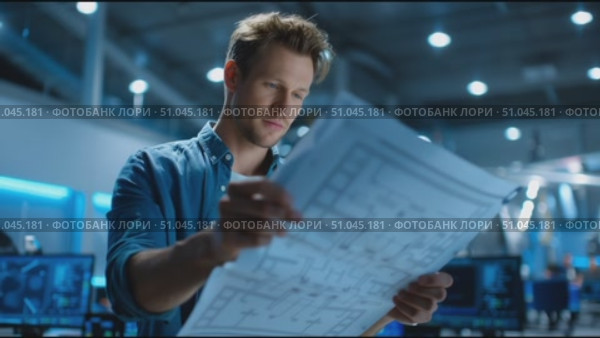 Engineer examines blueprints in a modern workspace with advanced technology. Стоковое AI-видео, аниматор Сергей Толмачёв / Фотобанк Лори