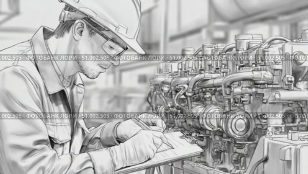 Engineer inspecting large engine in black and white. Стоковое AI-видео, аниматор Юрий Поздников / Фотобанк Лори