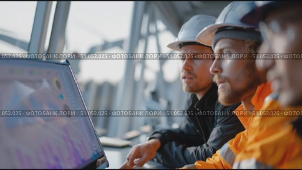 Engineers collaborating on construction site at sunset to optimize project plans and safety procedures. Стоковое AI-видео, аниматор Сергей Толмачёв / Фотобанк Лори