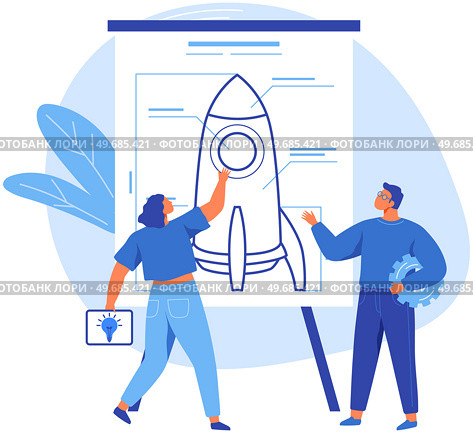 Engineers work with drawing draft of contemporary rocket. Investing money in space project. Business startup with spaceship planning concept. People create template, scheme of rocket for new project. People create scheme of rocket for new project. Engineers work with drawing draft of spaceship. Стоковая иллюстрация, агентство Ingram Publishing / Фотобанк Лори