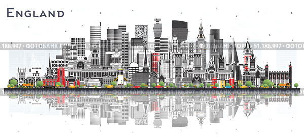 England City Skyline with Gray Buildings Isolated on White. Concept with Historic Architecture. England Cityscape with Landmarks. Bristol. Leeds. Sheffield. London. Стоковая иллюстрация, иллюстратор Игорь Сорокин / Фотобанк Лори