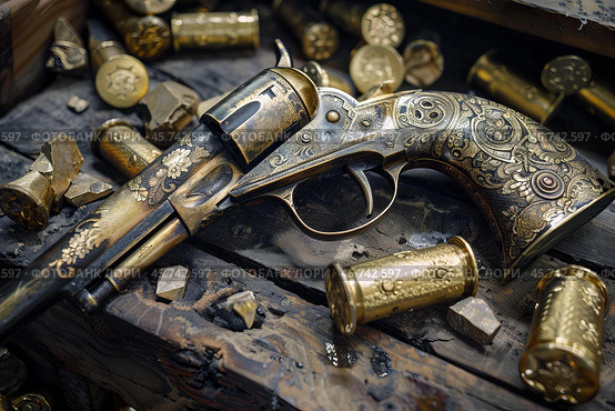 Engraved revolver and bullets resting on wooden surface. Стоковое AI-изображение, AI-художник Иван Рябоконь / Фотобанк Лори