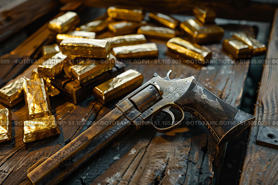 Engraved revolver lies on wooden table near gold bars. Стоковое AI-изображение, AI-художник Иван Рябоконь / Фотобанк Лори