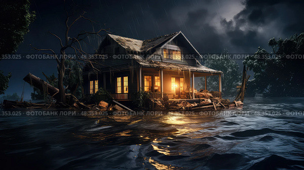 engulfed house in flood ai generated. Стоковое AI-изображение, AI-художник Vectorwin / Фотобанк Лори