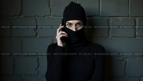 Enigmatic androgynous figure in balaclava against gritty wall. Стоковое AI-изображение, AI-художник Андрей Бакусов / Фотобанк Лори
