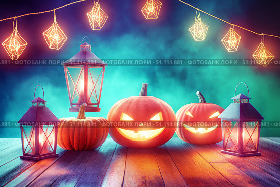 Enjoy a Spooky Halloween Lanterns and Pumpkins Display, perfect for the festive season. Стоковое AI-изображение, AI-художник Лариса Пономарева / Фотобанк Лори