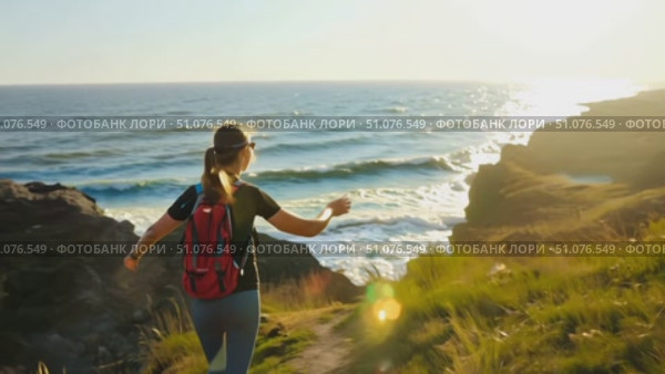 Enjoy a tranquil hike as sunlight meets the ocean waves along a rugged coastline. Стоковое AI-видео, аниматор Данила Большаков / Фотобанк Лори