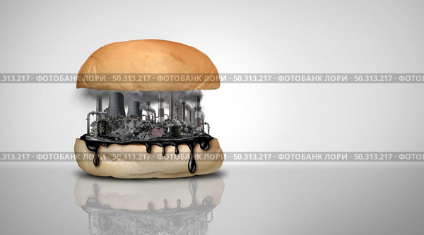 Environmental food toxins and pollution and nutrition or toxic pollutants contamination and eating a contaminated meal as a burger or hamburger containing industrial chemicals with 3D illustration elements. Стоковое фото, агентство Ingram Publishing / Фотобанк Лори