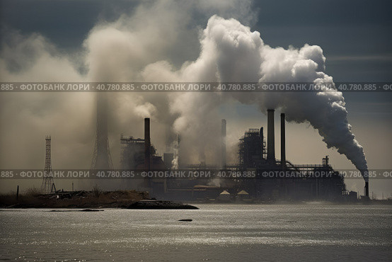 Environmental pollution, a large industrial enterprise pollutes the air with emissions into the atmosphere, AI Generated. Стоковое AI-изображение, AI-художник Станислав Тарко / Фотобанк Лори