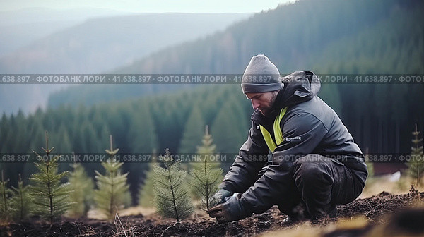 Environmental volunteers plant seedlings of spruce trees on the slopes of the mountains. Generated by AI. Стоковое AI-изображение, AI-художник Ярославский Максим / Фотобанк Лори