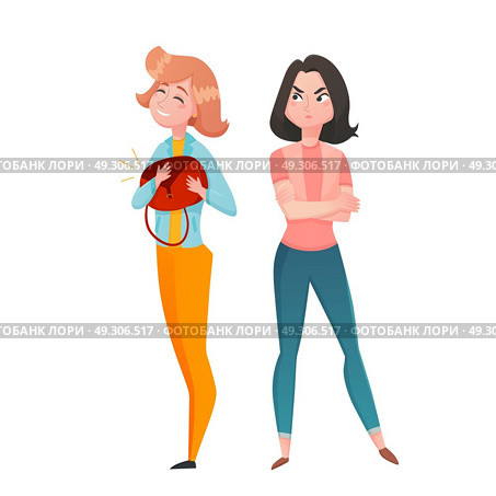 Envy Emotions Girl Woman Cartoon Characters  . Two young women cartoon characters with girl feel envy for another with fashionable expensive bag vector illustration. Стоковая иллюстрация, агентство Ingram Publishing / Фотобанк Лори